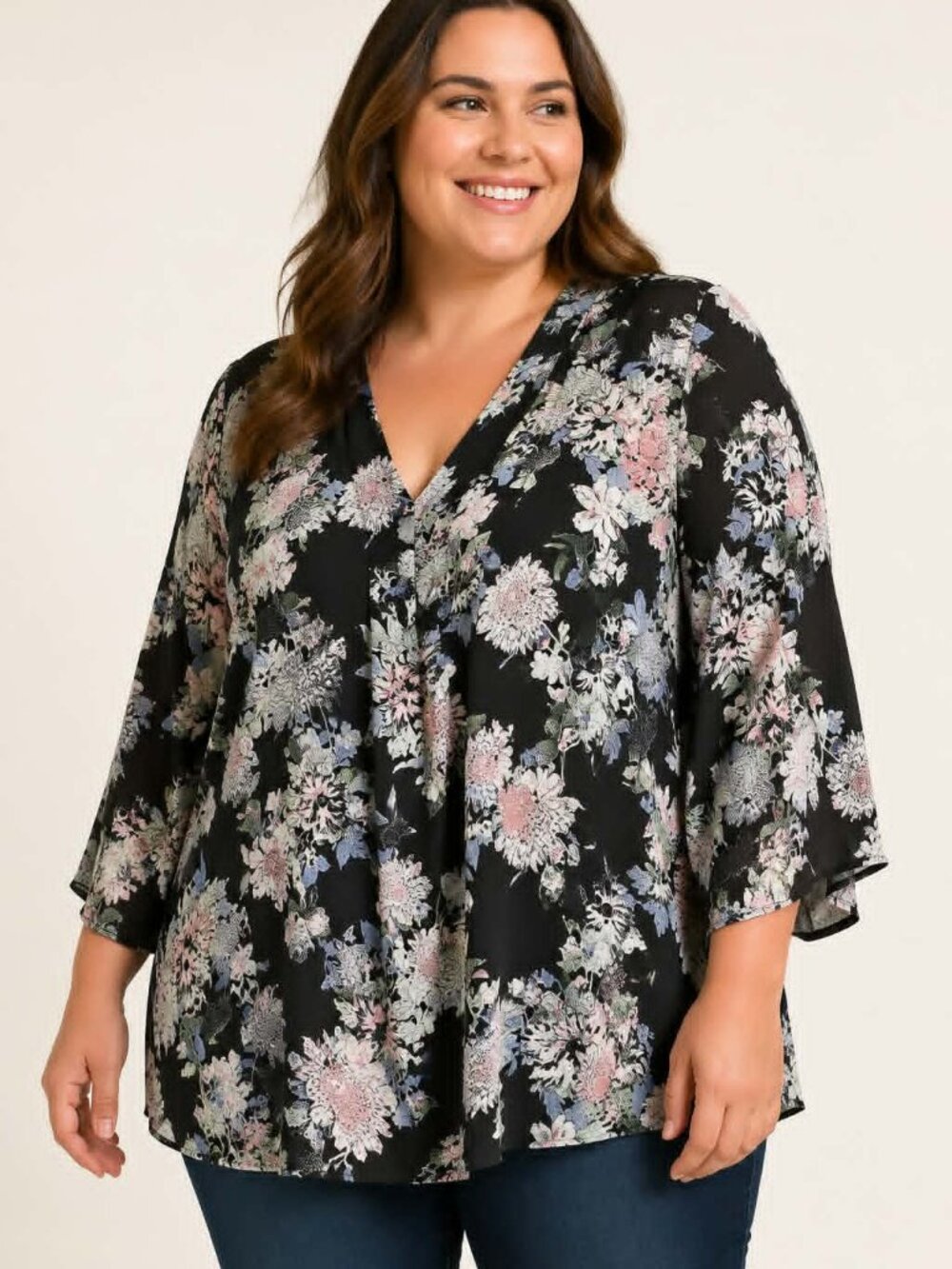 Rose + Olive Women’s 2X Black Floral V-Neck Tunic Blouse 3/4 Sleeve Plus Size.